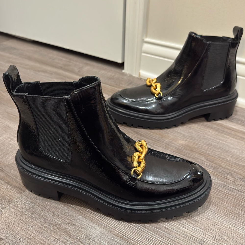 Tory Burch Jessa Lug Sole Ankle Patent Black Boots